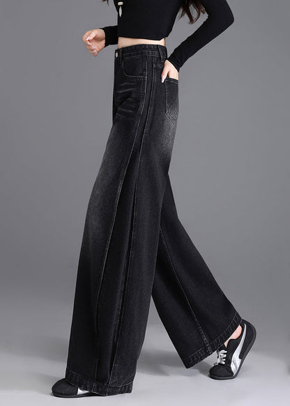 Boutique Black Pockets Denim Wide Leg Pants Spring
