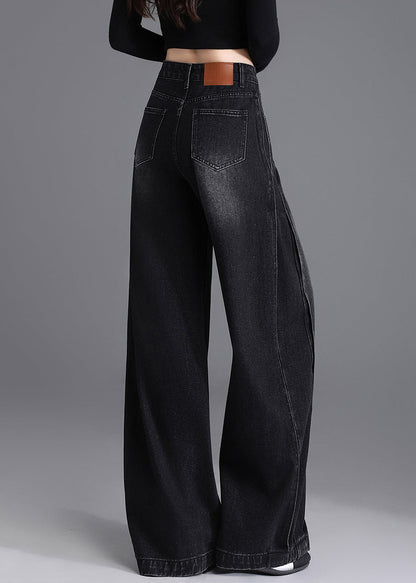 Boutique Black Pockets Denim Wide Leg Pants Spring