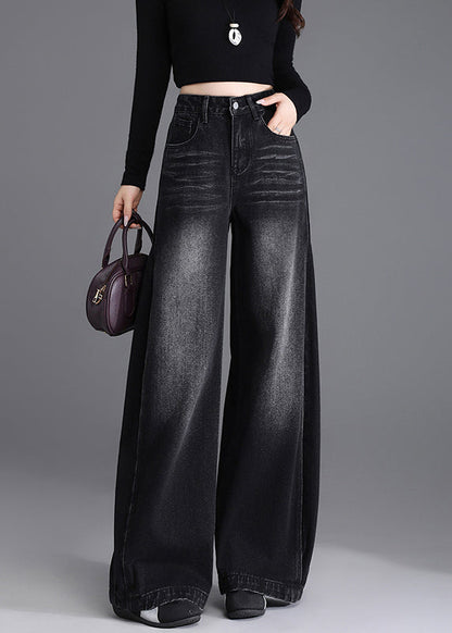 Boutique Black Pockets Denim Wide Leg Pants Spring