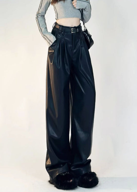 Boutique Black Pockets Solid Warm Fleece Faux Leather Pants