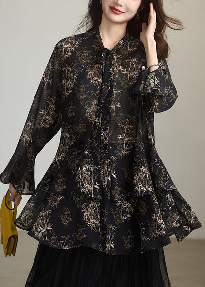 Boutique Black Ruffled Print Chiffon Shirts Spring