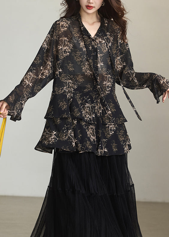 Boutique Black Ruffled Print Chiffon Shirts Spring