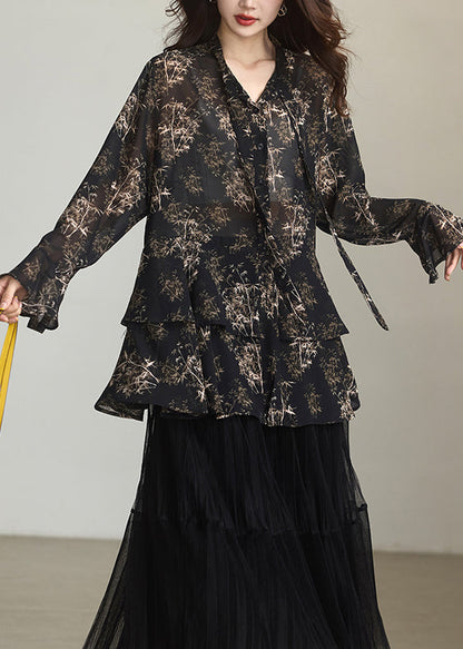 Boutique Black Ruffled Print Chiffon Shirts Spring
