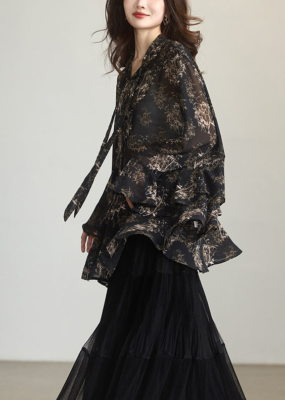 Boutique Black Ruffled Print Chiffon Shirts Spring