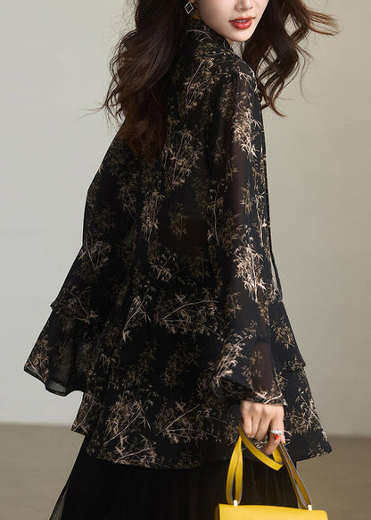 Boutique Black Ruffled Print Chiffon Shirts Spring
