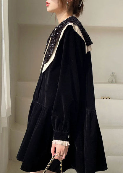 Boutique Black Sequins Patchwork Velour Dress Winter