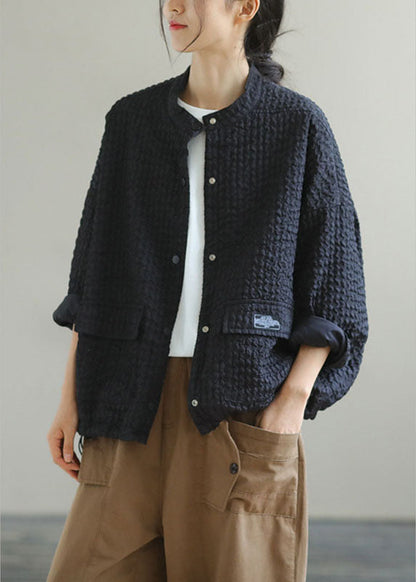 Boutique Black Stand Collar Pockets Button Drawstring Fall Coats Long sleeve