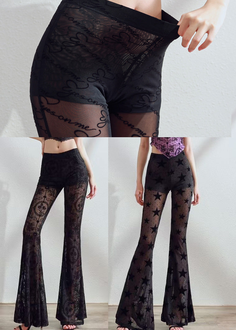 Boutique Black Star Print Hollow Out Tulle Flare Bottoms Pants Fall