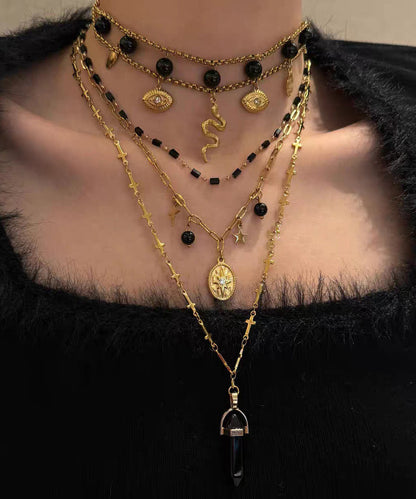 Boutique Black Sterling Silver Overgild Agate Pendant Necklace Three-Piece Set