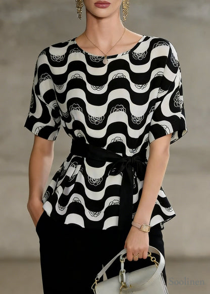 Boutique Black Striped Tie Waist Chiffon Shirts Summer
