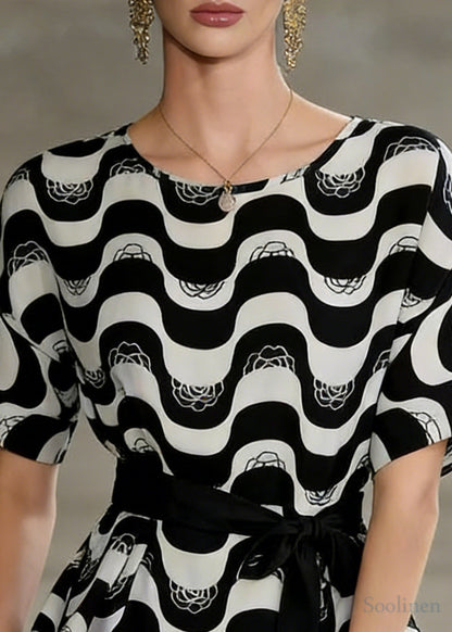 Boutique Black Striped Tie Waist Chiffon Shirts Summer