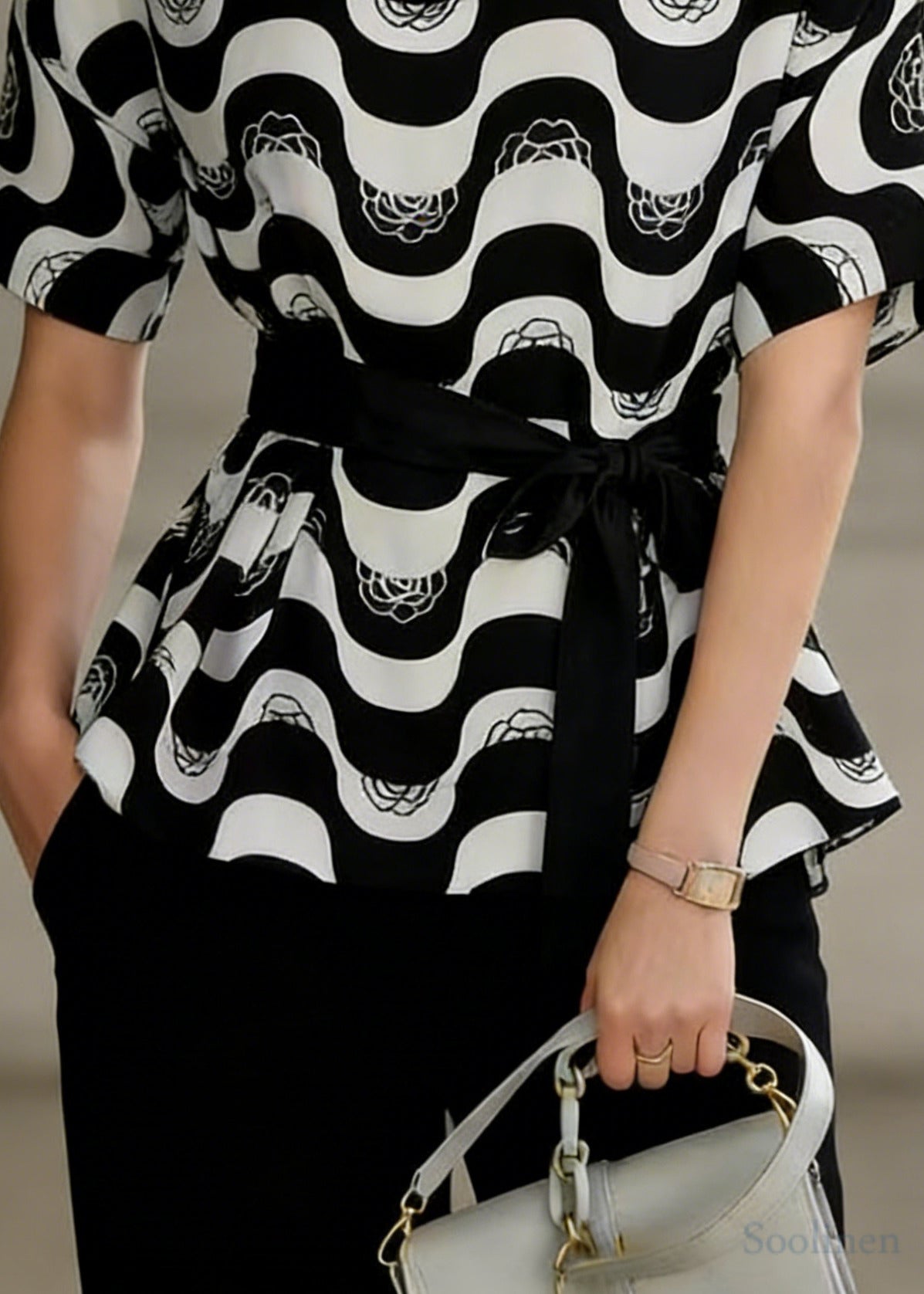 Boutique Black Striped Tie Waist Chiffon Shirts Summer