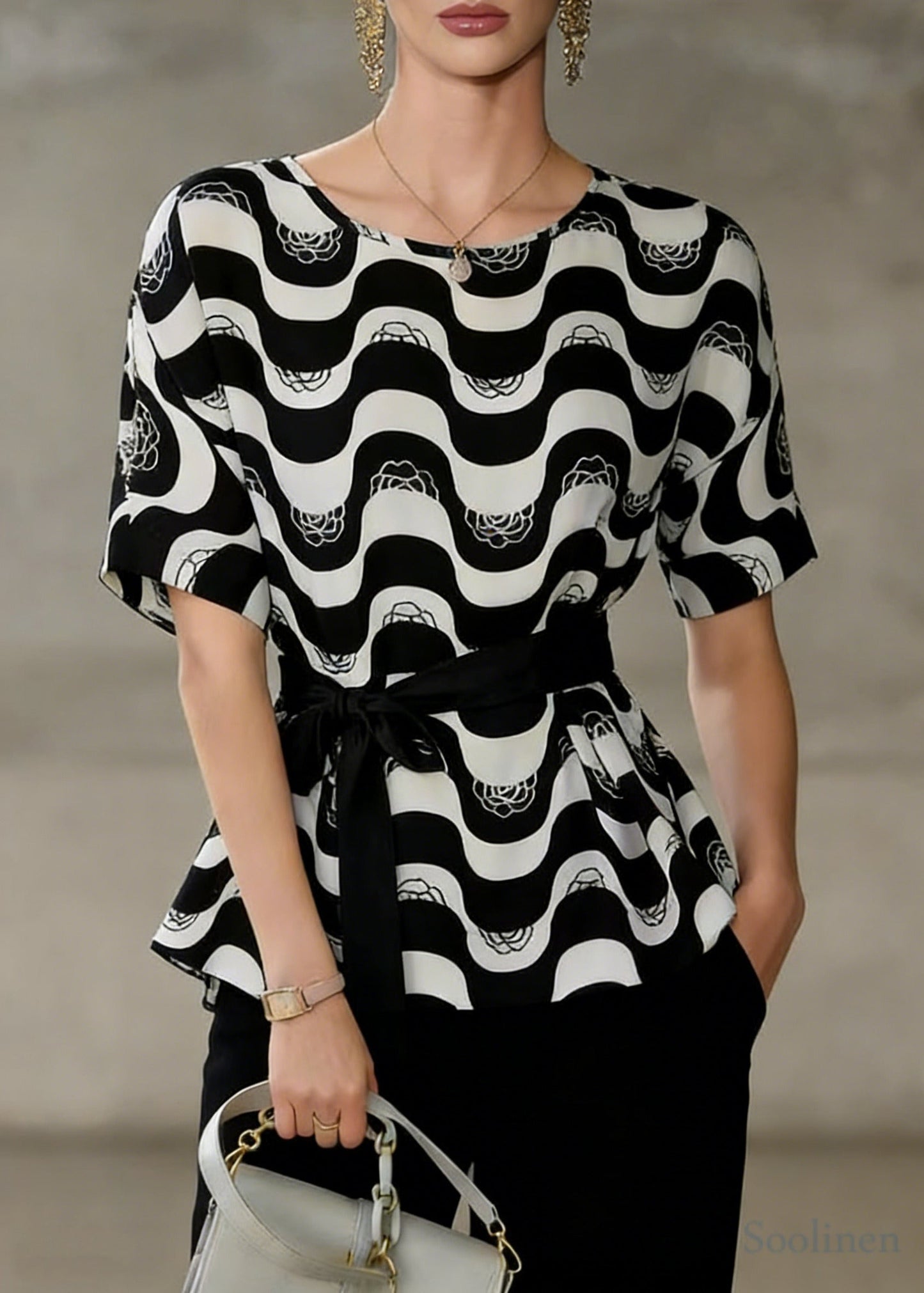 Boutique Black Striped Tie Waist Chiffon Shirts Summer