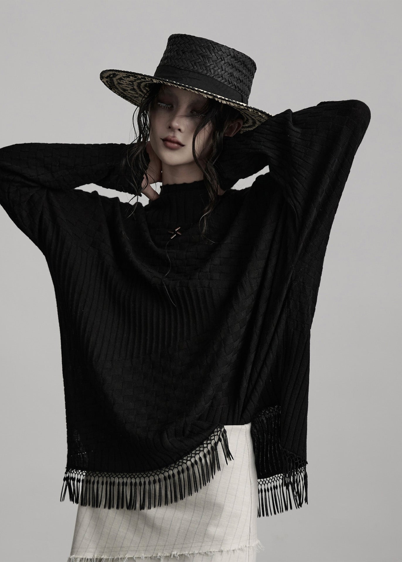 Boutique Black Tasseled Asymmetrical Woolen Knit Top Winter