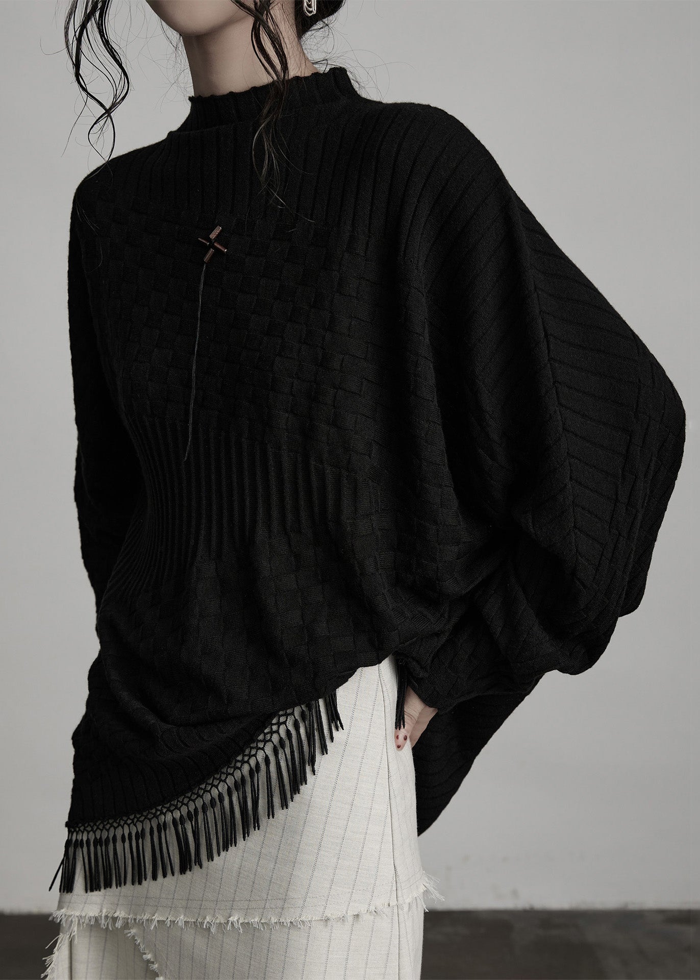 Boutique Black Tasseled Asymmetrical Woolen Knit Top Winter