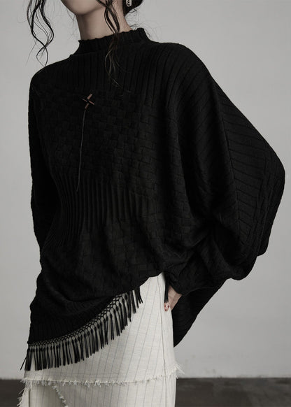 Boutique Black Tasseled Asymmetrical Woolen Knit Top Winter