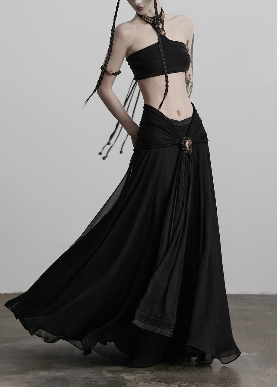 Faldas de seda con dobladillo extragrande y patchwork con borlas negras de boutique para primavera