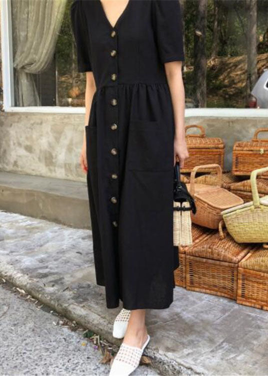 Boutique Schwarzes Partykleid mit V-Ausschnitt und Knöpfen, kurze Ärmel