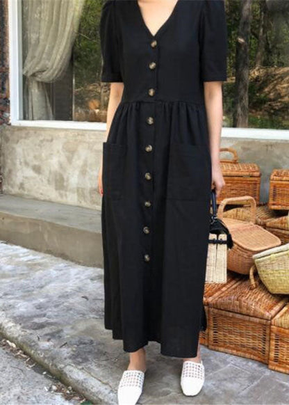 Boutique Schwarzes Partykleid mit V-Ausschnitt und Knöpfen, kurze Ärmel