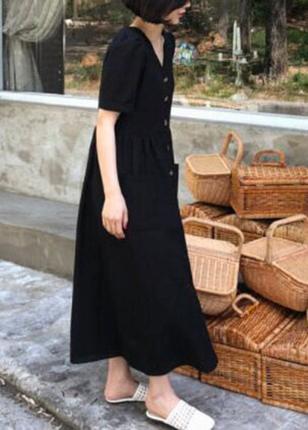 Boutique Schwarzes Partykleid mit V-Ausschnitt und Knöpfen, kurze Ärmel