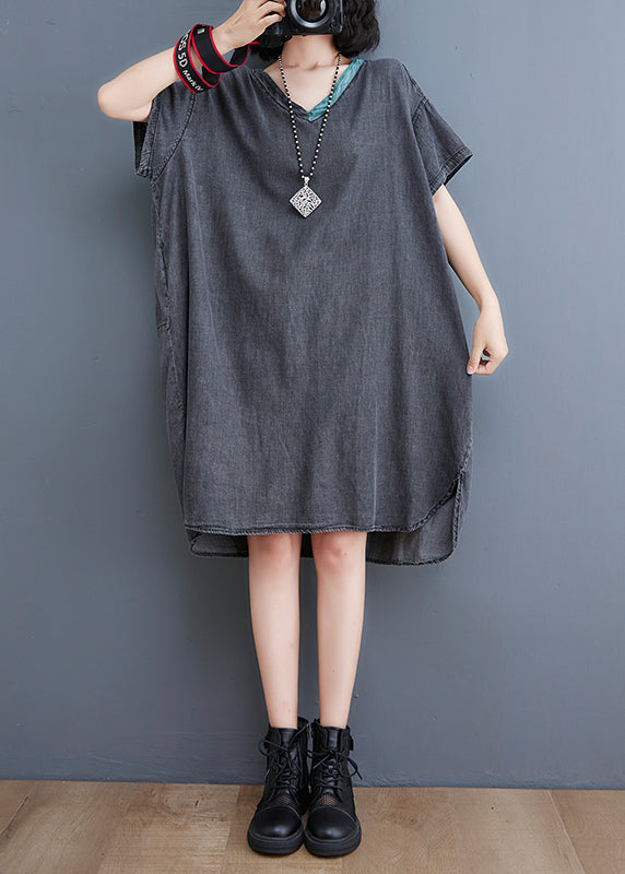 Boutique Schwarzes V-Ausschnitt Patchwork Low High Design Jeanskleid Kurzarm