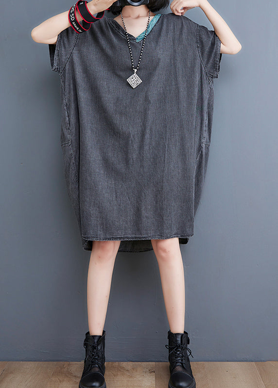 Boutique Schwarzes V-Ausschnitt Patchwork Low High Design Jeanskleid Kurzarm