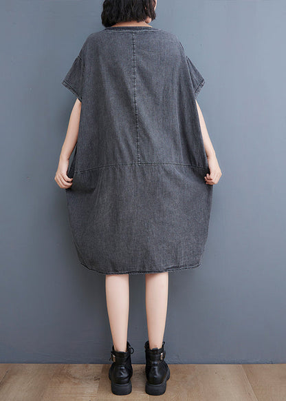 Boutique Schwarzes V-Ausschnitt Patchwork Low High Design Jeanskleid Kurzarm