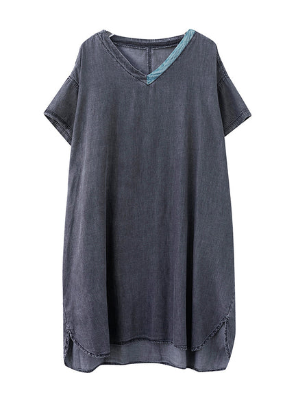 Boutique Schwarzes V-Ausschnitt Patchwork Low High Design Jeanskleid Kurzarm