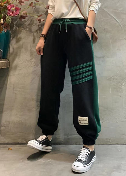 Boutique Schwarz elastische taille krawatte taille Taschen Patchwork strahl Hosen