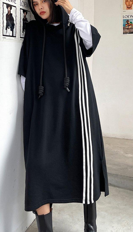 Boutique Black hooded Cotton side open Summer Dresses - SooLinen