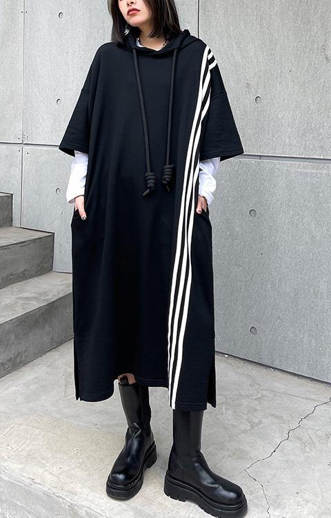 Boutique Black hooded Cotton side open Summer Dresses - SooLinen