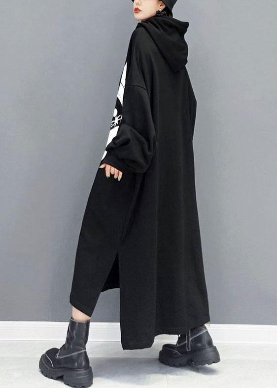Boutique Black hooded Print Side Open Long Dress Fall Long Sleeve - SooLinen