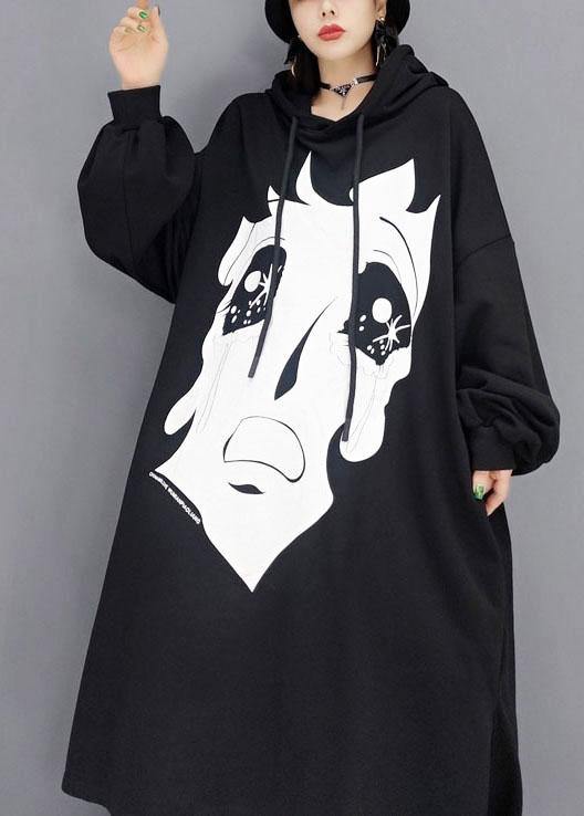 Boutique Black hooded Print Side Open Long Dress Fall Long Sleeve - SooLinen