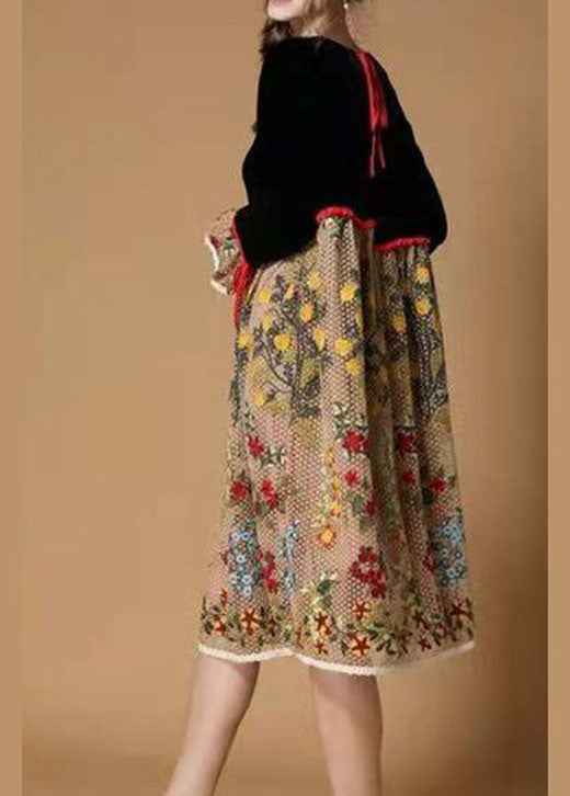 Boutique Schwarz gelbe blume Embroideried Patchwork Velour Kleider Winter