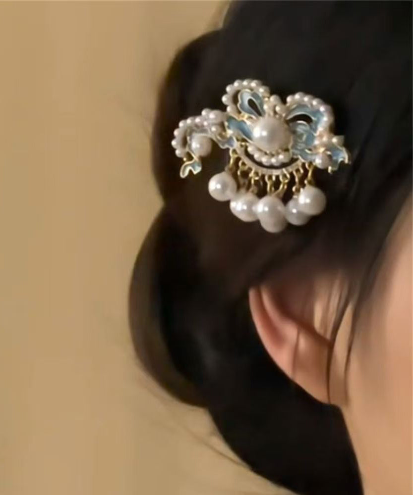 Boutique Blue Alloy Auspicious Clouds Pearl Tassel Single Hairpin