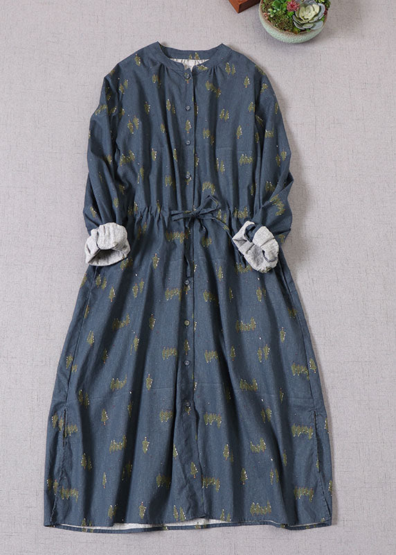 Boutique Blau Cinched Print Baumwolle Urlaubskleider Frühling