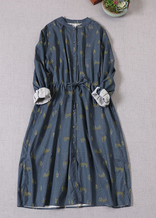 Boutique Blau Cinched Print Baumwolle Urlaubskleider Frühling