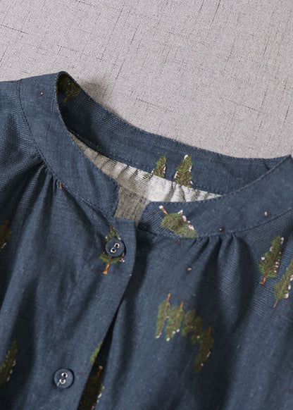 Boutique Blau Cinched Print Baumwolle Urlaubskleider Frühling