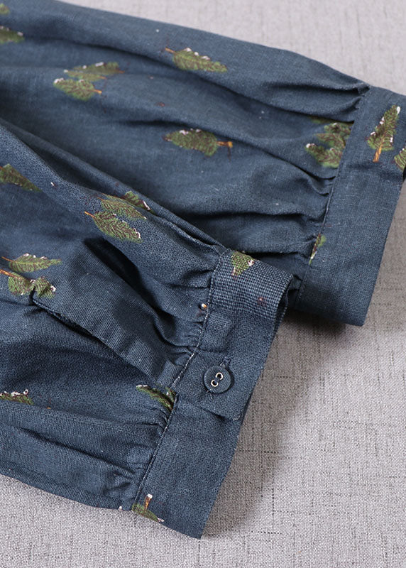 Boutique Blau Cinched Print Baumwolle Urlaubskleider Frühling