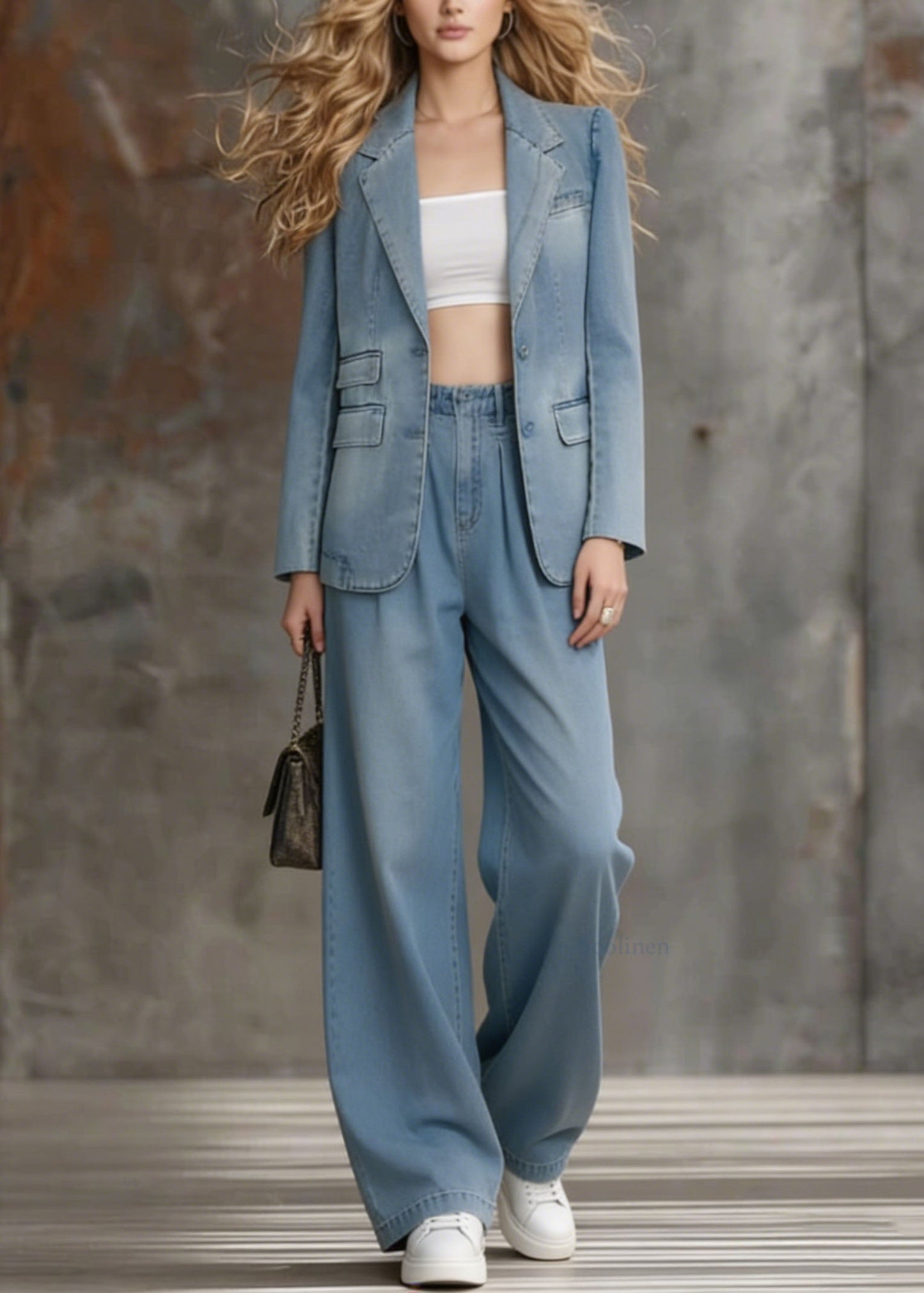 Boutique Blue Coat And Pants Denim Two Pieces Set Spring