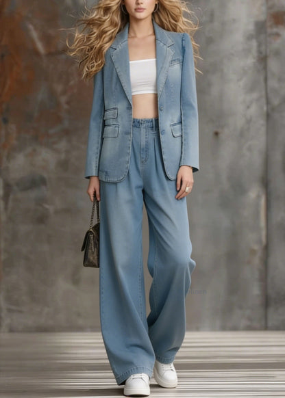 Boutique Blue Coat And Pants Denim Two Pieces Set Spring