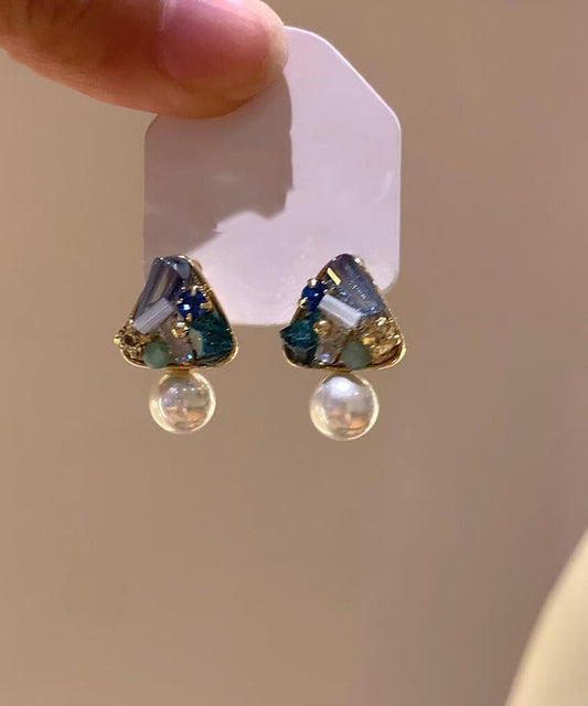Pendientes de botón con perla triangular de aleación de cobre azul boutique