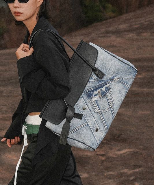 Boutique Blue Denim Patchwork Calf Leather Shoulder Bag
