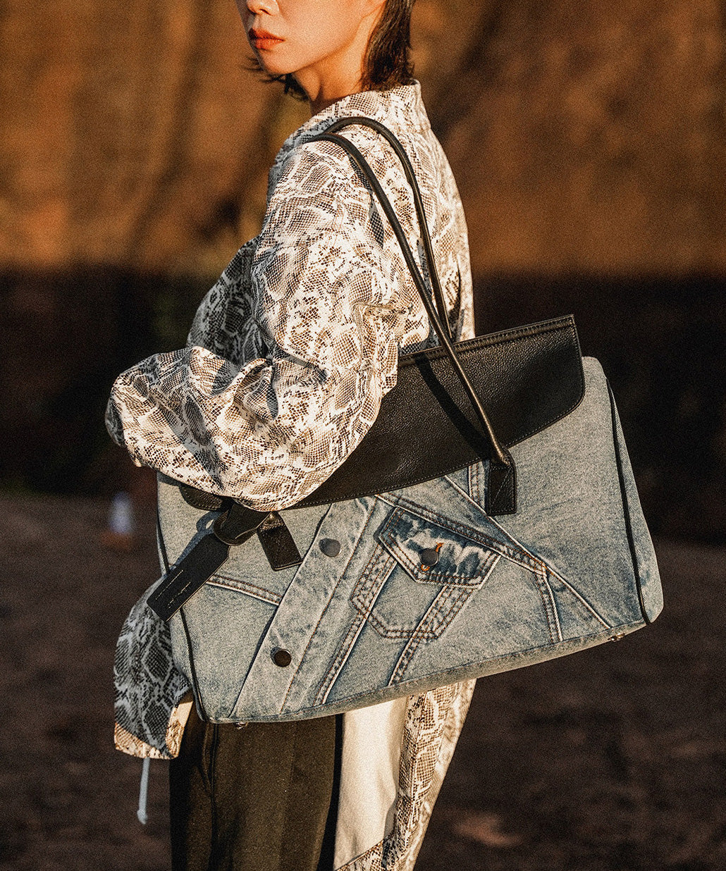 Boutique Blue Denim Patchwork Calf Leather Shoulder Bag