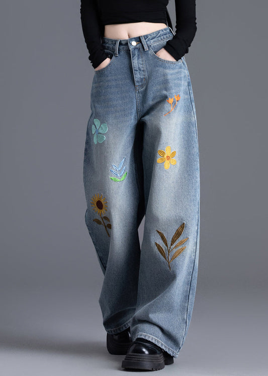 Boutique Blue Embroidered Floral Denim Straight Pants Spring