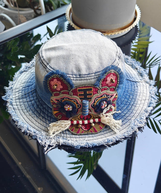 Boutique Blue Embroidered Tiger Head Denim Bucket Hat