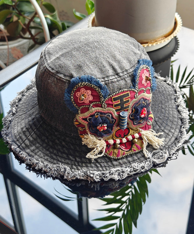 Boutique Blue Embroidered Tiger Head Denim Bucket Hat