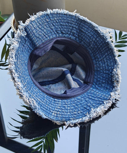 Boutique Blue Embroidered Tiger Head Denim Bucket Hat