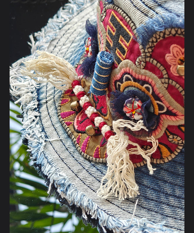 Boutique Blue Embroidered Tiger Head Denim Bucket Hat