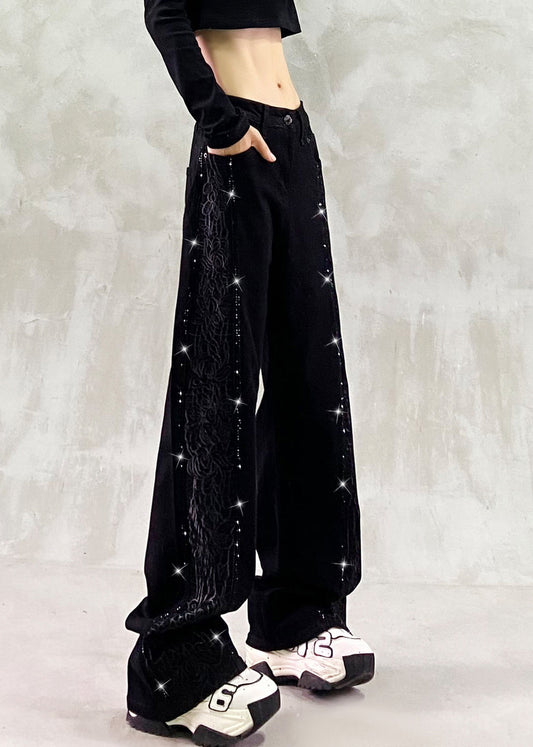 Boutique-Jeans mit blauer Zirkon-Stickerei im Patchwork-Design, Frühling